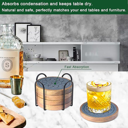5 Pack Coasters for Drinks Absorbent, Coasters for Coffee Table with Holder, Non-Slip, Non-Stick, Suit for Kinds of Cups 4.3 inch Gray