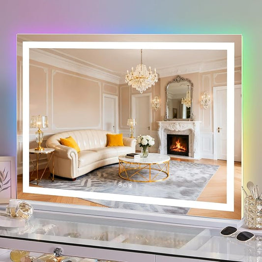 FENCHILIN Large Vanity Mirror with Lights 39"x32", RGB Backlit & Front Lit Hollywood Makeup Mirror, Shatterproof Tempered Glass, LED Strip 3 Color Modes, Smart Touch & Memory, Wall Mounted/Desk