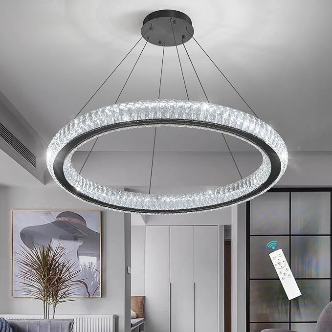 Modern Ring Chandelier LED Dimmable Living Room Chanderliers Entryway High Ceiling Crystal Ring Pendant Lights for Dining Room Bedroom Black Interior Light