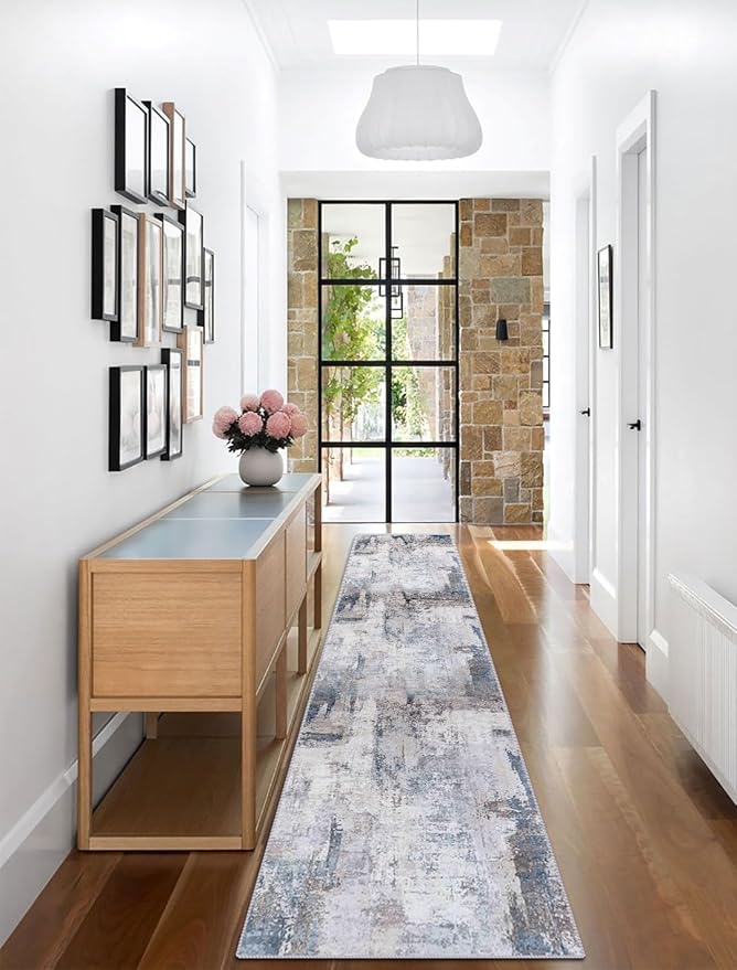 vivorug Runner Rug 2x10 Machine Washable Rug with Non-Slip Backing, Ideal for Kitchen Hallway Entryway Laundry Room - Modern Abstract, Durable, Easy Clean, Low Pile Carpet Runner, Grey/Navy