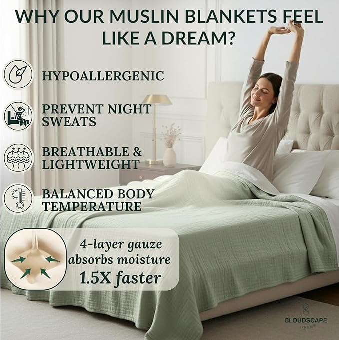 Luxury 100% Cotton Muslin Blanket Twin Size, 4 Layer 68x90 Fits Upto TwinXL Bed, Soft Cotton Gauze Quilt, Layering Winter Blankets for Bed, All Season Olive Green Bedding