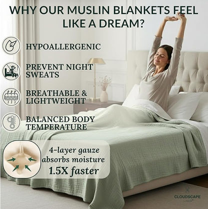 Luxury 100% Cotton Muslin Blanket Twin Size, 4 Layer 68x90 Fits Upto TwinXL Bed, Soft Cotton Gauze Quilt, Layering Winter Blankets for Bed, All Season Olive Green Bedding