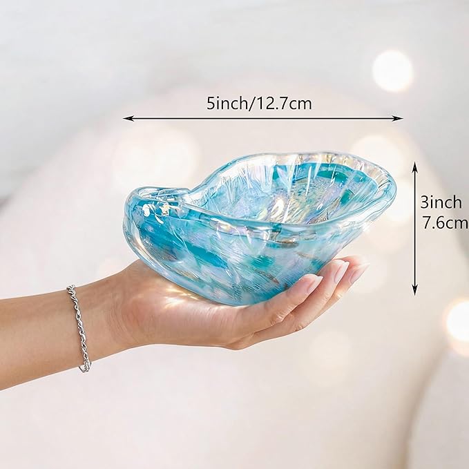 QFkris Glass Conch Shape Jewelry Tray, 5" Blue Shell Trinket Dish Glass Ring Earring Holder Ocean-Themed Decorative Trinket Plate for Rings Earrings Necklaces Jewelry Keys Christmas Gift for Women