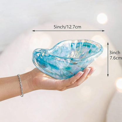 QFkris Glass Conch Shape Jewelry Tray, 5" Blue Shell Trinket Dish Glass Ring Earring Holder Ocean-Themed Decorative Trinket Plate for Rings Earrings Necklaces Jewelry Keys Christmas Gift for Women