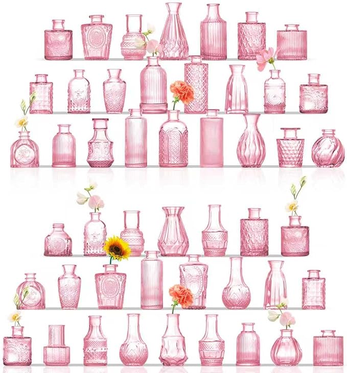 Glass Bud Vases Set of 48, Pink Vases for Centerpieces, Small Glass Vase for Flowers, Vintage Bud Vase in Bulk for Wedding, Party, Events, Reception, Home Decor