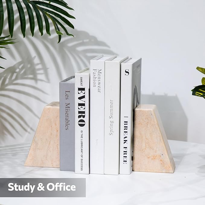 Luxury Marble Bookends for Shelves, 11LB Heavy Duty Marble Book Ends for Heavy Books, Stone Bookends Decorative, Polished, Orange Triangular, Set of 2