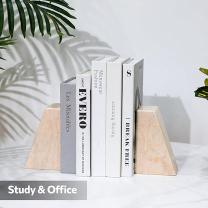 Luxury Marble Bookends for Shelves, 11LB Heavy Duty Marble Book Ends for Heavy Books, Stone Bookends Decorative, Polished, Orange Triangular, Set of 2