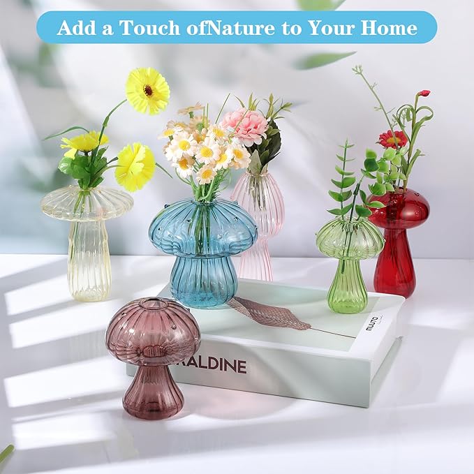 Mushroom Vase, Set of 6 Colored Flower Vase, Propagation Stations Vases, Glass Vases for Decor, Small Bud Vases Home Decor Small Cute Mushroom Planter for Room Office Decoration