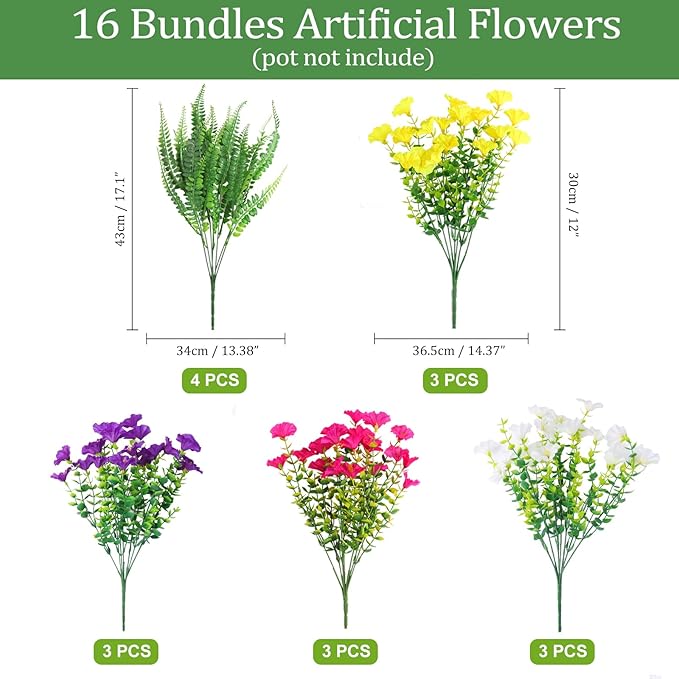 16 Bundles Outdoor Artificial Fake Flowers UV Resistant No Fade Plastic Faux Morning Glory Silk Flowers Plants for Home Garden Porch Patio Window Box Hanging Décor (Mix White Purple Fuchsia Yellow)