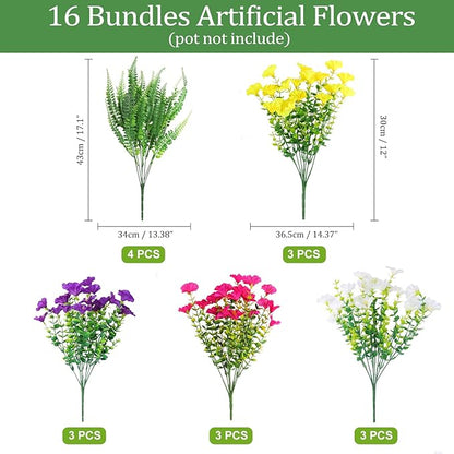 16 Bundles Outdoor Artificial Fake Flowers UV Resistant No Fade Plastic Faux Morning Glory Silk Flowers Plants for Home Garden Porch Patio Window Box Hanging Décor (Mix White Purple Fuchsia Yellow)