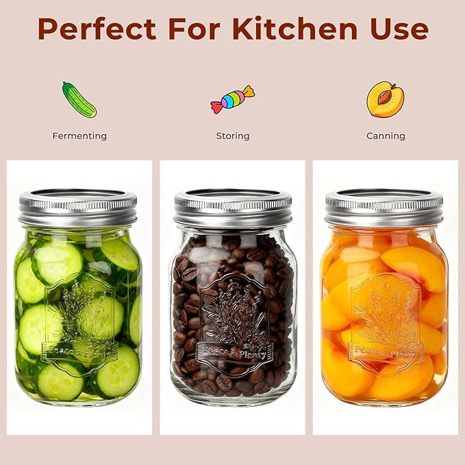 CycleMore 16oz Mason Jars, 12 Pack Canning Jars with Metal Airtight Lids and Bands, Embossed Pint Glass Jars Ideal for Canning, Pickling, Meal Prep, Jam, Honey, DIY Shower/Wedding Favors