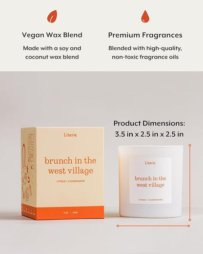 Literie NYC Inspired Scented Candle: Brunch in The West Village - Citrus & Champagne, 9oz, 50 Hour Burn, Vegan Soy & Coconut Blend Candle for Home Decor, Gift for Women & Men