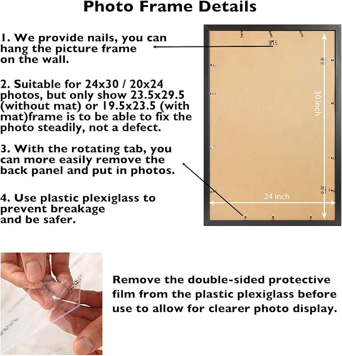 24x30 Picture Frame with 20x24 Mat Set of 2, Display Photo 20x24 with Mat or 24 x 30 Without Mat, Wall Hanging Large 24 by 30 Poster Frame with Plexiglass, 2 Pack, Black