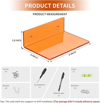 Sezanrpt 9 Inch Orange Wall Shelves, Acrylic Wall Mounting Ledges Display, Acrylic Display Wall Shelf for Funko Pop Figures, Collectibles, Plants, Décor, Toiletries, Spices, 2 Pack