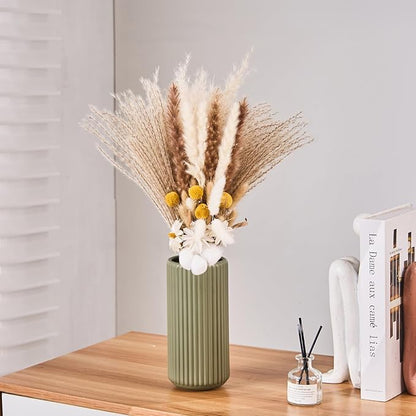 Green Ceramic Flower Vase for Pampas Grass, 10 inch Large Decorative Centerpiece Ribbed Vase for Dining Table, Office Desktop, Shelf Bookshelf, Mantel, Entryway, Bathroom, Countertop, Farmhouse, Gift