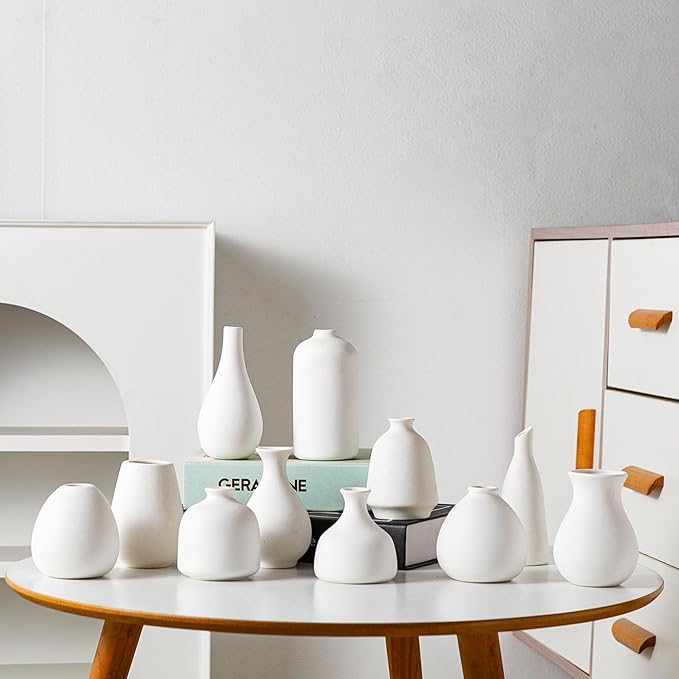 Tanvecle White Ceramic Bud Vase Set of 11, Small Vases for Pampas Grass, Flowers, Mini Vases for Modern Home Decor, Minimalist Decor, for Living Room, Dining Table & Shelves