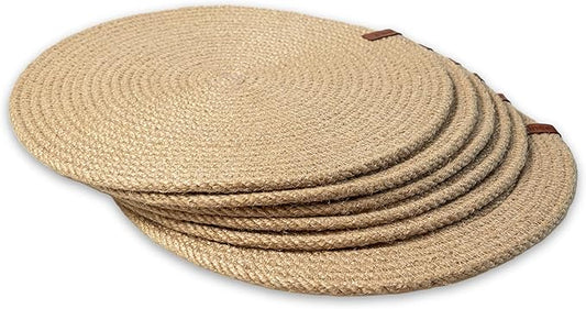 Round Placemats Set of 6, Handmade by Braided Natural Jute for Kitchen and Dining Table, Dia. 12.6 Inch, Heat Resistant, Doublesided, Light Brown