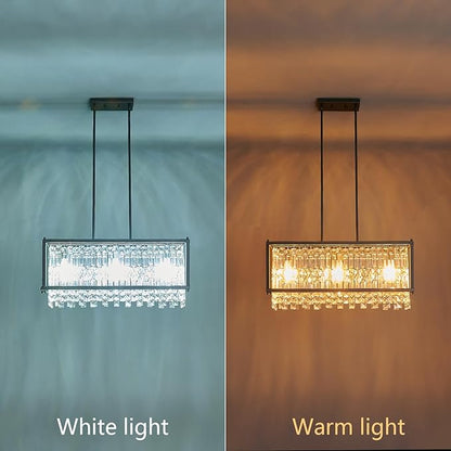 LMQNINE Modern Rectangle Chandelier for Dining Room, Black Crystal Chandelier Linear Light Fixture, Farmhouse Chandeliers for Kitchen Island, Bar Table, L30.7'' x W9.84'' x H8.66''
