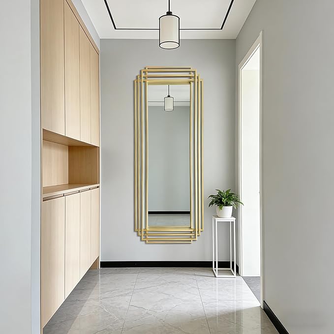 Large Geometric Wall Mirror, 67"x26" Modern Rectangle Full Length Mirror with Gold Metal Frame, Elegant Art Deco Mirror for Living Room Entryway Hallway, Hangs Vertically or Horizontally