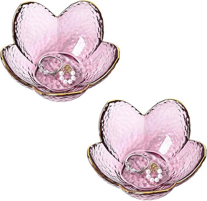 Koythin 2-Piece Glass Jewelry Tray, Small Trinket Holder for Necklace Bracelet Earring, Ring Holders for Bathroom, Aesthetic Trinket Dish, Flower Nightstand Decor for Girl Mom (Purple)