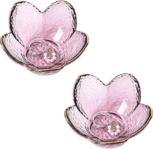 Koythin 2-Piece Glass Jewelry Tray, Small Trinket Holder for Necklace Bracelet Earring, Ring Holders for Bathroom, Aesthetic Trinket Dish, Flower Nightstand Decor for Girl Mom (Purple)
