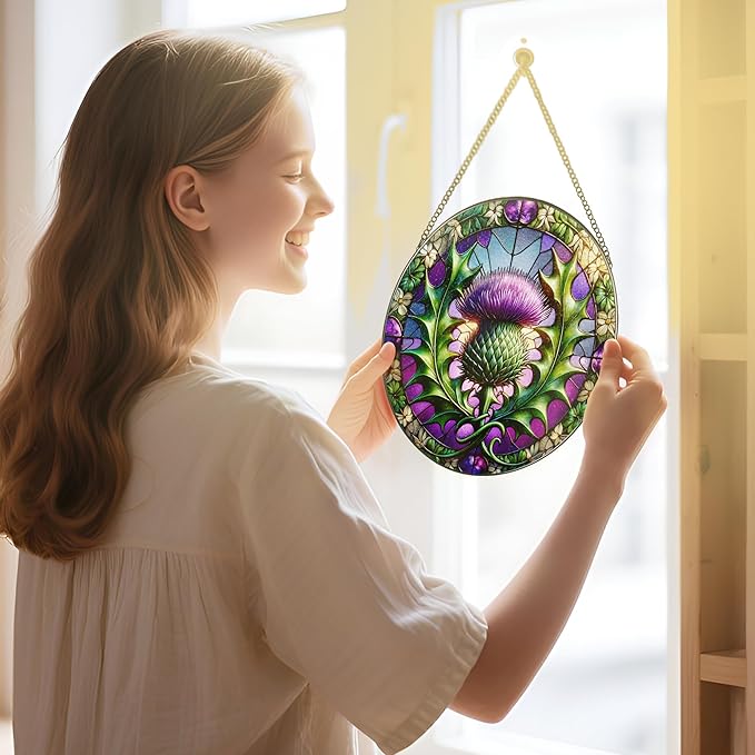 Stained Glass Window Hanging, 8 Inch Thistle Suncatcher, Sun Catchers Indoor Window, Windows Hanging Decor and Holiday, Christmas, Mother's Day, Birthday, Gifts for Mom, Grandma, Friend, Couple, Lover