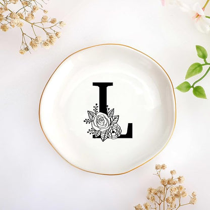 JoycuFF Initial L Ceramic Jewelry Tray, Bridesmaid Bride Gifts, Mothers Day Christmas Anniversary Engagement Birthday Gifts for Women Couples, Trinket Dish for Rings Earrings Necklaces Bracelets Keys