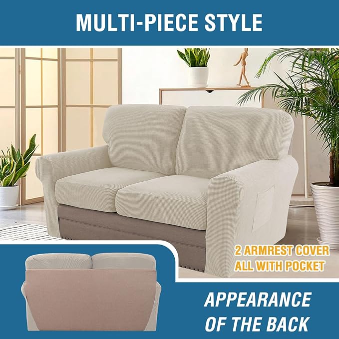H.VERSAILTEX Multi-Pieces Sofa Covers Stretch Couch Covers Form Fitted Seats and Back Cushions Covers (2 Seat Covers Plus 2 Back Cusion Covers, Bonus 2 Armrest Covers), Island Fossi