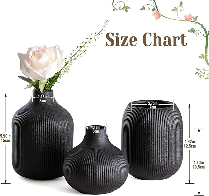 Dnnnii Modern Black Ceramic Vase Set of 3, Ribbed Texture Boho Minimalist Home Decor, Small Decorative Vases for Centerpiece, Shelf, Tabletop - Aesthetic Touch for Neutral & Transitional Spaces
