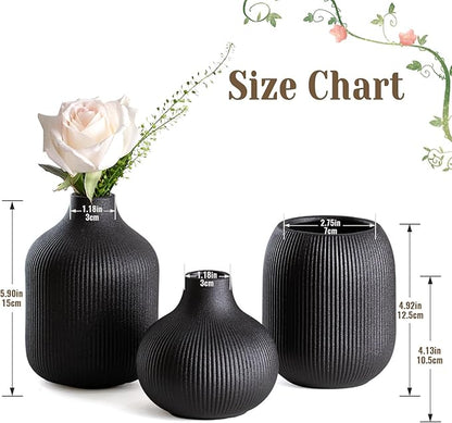 Dnnnii Modern Black Ceramic Vase Set of 3, Ribbed Texture Boho Minimalist Home Decor, Small Decorative Vases for Centerpiece, Shelf, Tabletop - Aesthetic Touch for Neutral & Transitional Spaces