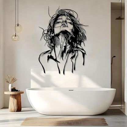Tuglona Abstract Woman Face Metal Wall Decor, Woman Face Metal Wall Art, Abstract Line Wall Decor, Minimalist Female Line Art, Modern Wall Decoration, Bathroom Wall Hanging (Black, 48"x35"/121x88cm)