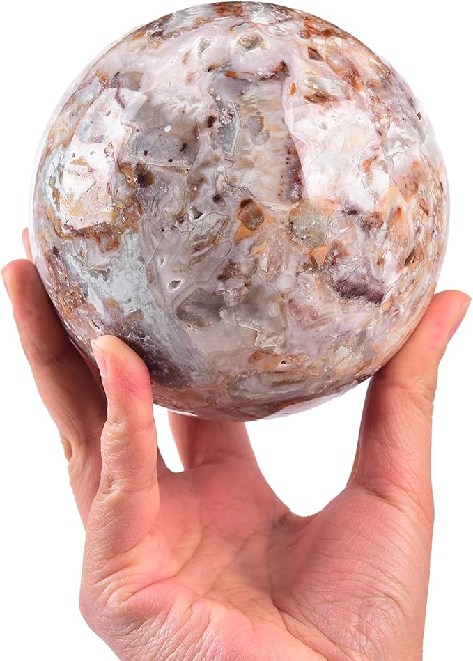 JIC Gem Large Striped Agate Crystal Sphere Ball with Wooden Stand Healing Crystal Decorative Ball Meditation Feng Shui 90-100mm
