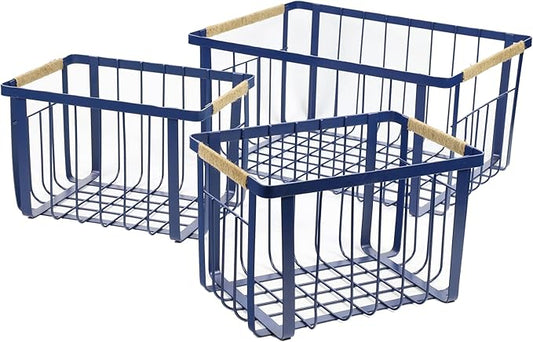 happimess BSK3003D-3SET Henley Vintage Farmhouse Wire Metal Nesting Storage Baskets with Jute Wrapped Handles for Shelves, Cabinets, Pantry, Countertop, Mesh Open Bin Basket, Navy (Set of 3)