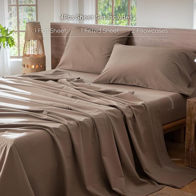 MooMee Bedding Sheet Set 100% Washed Cotton Linen Like Textured Breathable Durable Soft Comfy (Solid Brown, King)