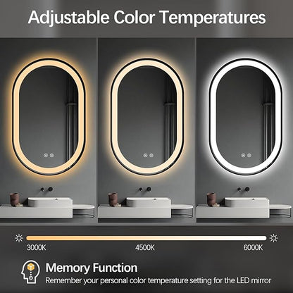 Niccy Oval LED Mirror for Bathroom, 40x24 Front Lit + Backlit Vanity Mirrors with Light Anti-Fog, Shatter-Proof, 3 Colors, Makeup Mirror with Black Frame (Horizontal/Vertical)