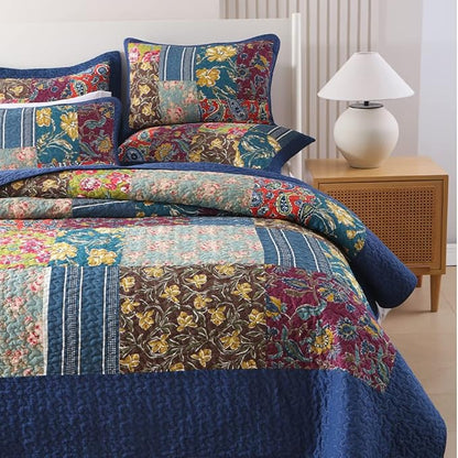 Cotton Bedspread Quilt Sets Reversible Bedding Coverlet Sets 3 Pieces Patchwork Blue Vintage Floral Paisley Bedspread, King Size