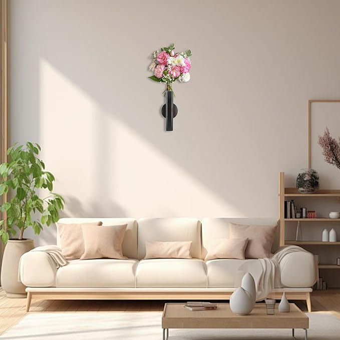 6.3" Wall-Mounted Flower Tube, Top/Bottom Open Vase, Adhesive Metal Flower Open Tube Decoration Holder for Flower Display, Home Office Living Room Bedroom Decoration, 2pcs(Black)