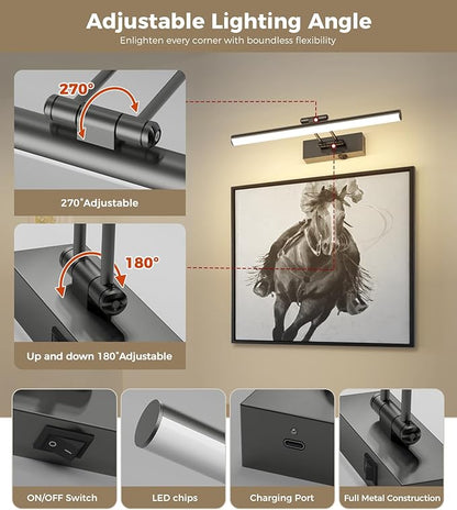 JUSHENG Battery Operated Picture Lights for Wall Brushed Grey 3CCT Dimmable Gallery Lights with Remote and Timer Wireless Painting Lights for Artwork, Display, Portraits 15.35'' Inch 3W
