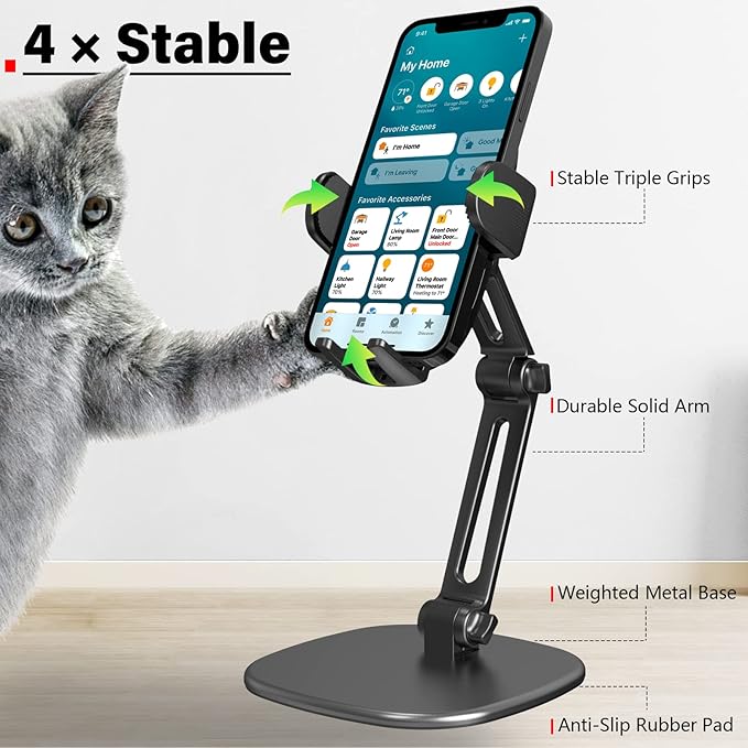 APPS2Car Phone Stand for Desk [No Dropping Stable Triple-Clamp Holder] Adjustable Height 360 Degree Rotation Heavy Base Thick Case Friendly, Multifunctional Cell Phones Stand for iPhone Android Phones