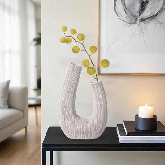 Torre & Tagus White U Shaped Vase for Flowers - 12 Inch Tall Textured Vases for Centerpieces with 2 Openings, Sculptures Home Decor & Abstract Sculptures Home Decor for Shelf Decor Aesthetic (Alma)