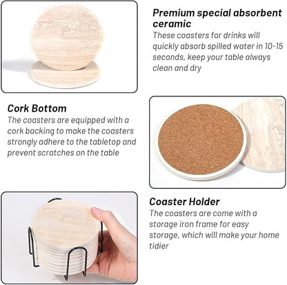 9 Pieces Ceramic Coasters for Coffee Table Absorbent, Billbotk Drink Coasters with Holder, Marble Style Coasters for Wooden Table, Home Decor, Suitable for Kinds of Cups, 4 Inches