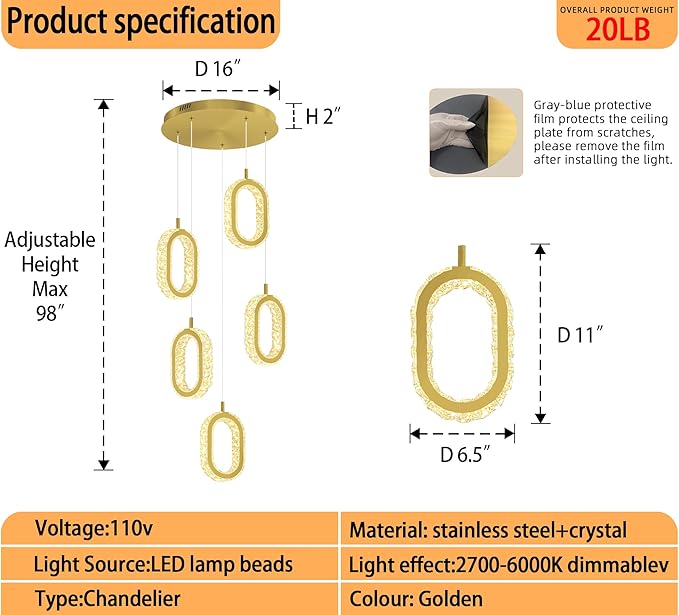 Dimmable 5-Light Oval Ring Chandelier for Dining Room, Gold Ring Pendant Light for Kitchen Island,Hallway, Entryway, Passway, Bedroom, Balcony Living Room