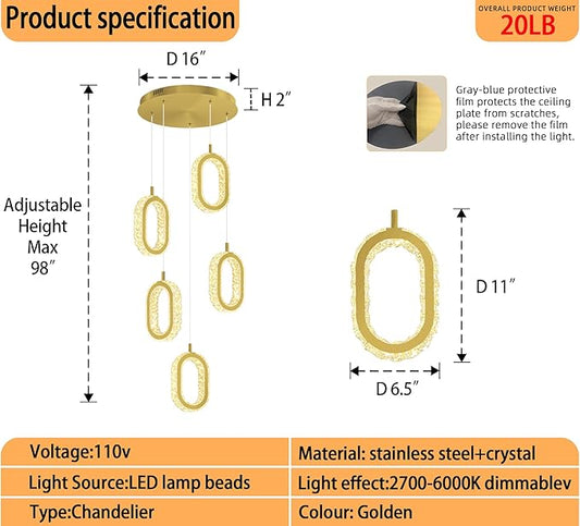 Dimmable 5-Light Oval Ring Chandelier for Dining Room, Gold Ring Pendant Light for Kitchen Island,Hallway, Entryway, Passway, Bedroom, Balcony Living Room