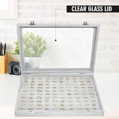 Ring Display Case Organizer Box with Transparent Lid, 100 Slot Ring Organizer Holder Showcase For Store Display Jewelry Show Home (Grey)