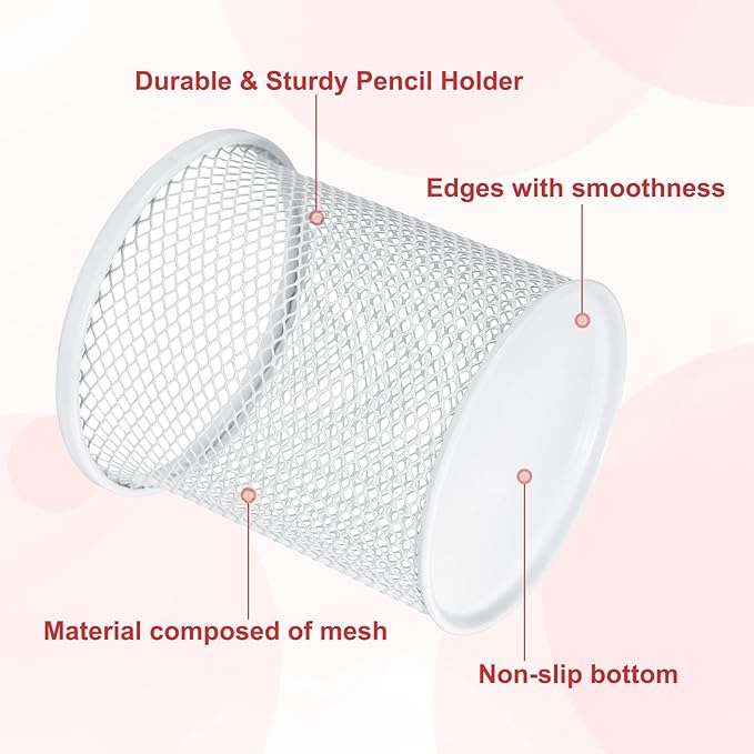 uxcell 2Pcs Mesh Pencil Holder, Metal Pen Cup Desk Organizer Makeup Brush Cup Holder for Home, Office, Classroom(White)