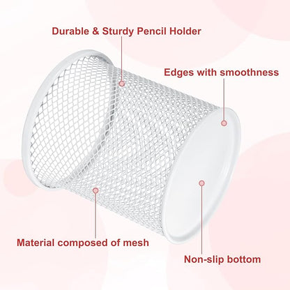 uxcell 2Pcs Mesh Pencil Holder, Metal Pen Cup Desk Organizer Makeup Brush Cup Holder for Home, Office, Classroom(White)