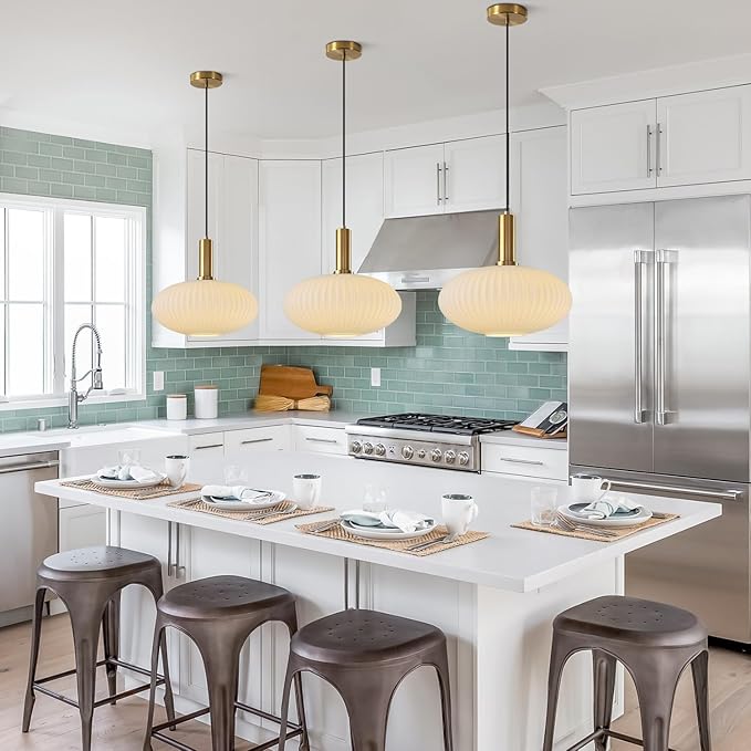 KCO Lighting Large Milk Glass Pendant Lighting Kitchen Island Brushed Brass Globe Pendant Light Mid Century Modern Hanging Light Fixture Gold White Pendant Light