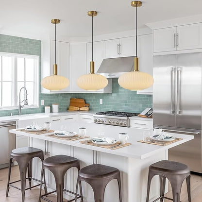 KCO Lighting Large Milk Glass Pendant Lighting Kitchen Island Brushed Brass Globe Pendant Light Mid Century Modern Hanging Light Fixture Gold White Pendant Light