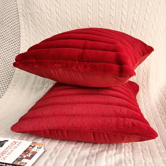 2 Pack 14x14 Pillow Cover Velvet Pillow Covers, Faux Fur Square Throw Pillow Covers for Living Room Decorations Throw Pillow Case, Throw Pillow Cover Cushion Cover for Home Sofa Bedroom Car, Red