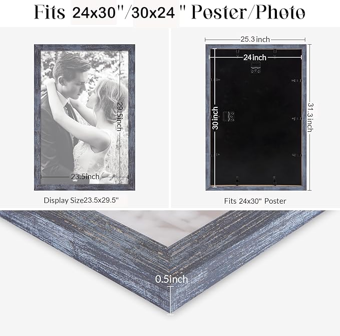24x30 Frame Rustic Blue, 30x24 Picture Poster Frame, Horizontal Vertical Hanging, 24 by 30 Wall Gallery Family Concert Portrait Photo Frame Anniversary/Birthday/Wedding/Thank you/Christmas Gift
